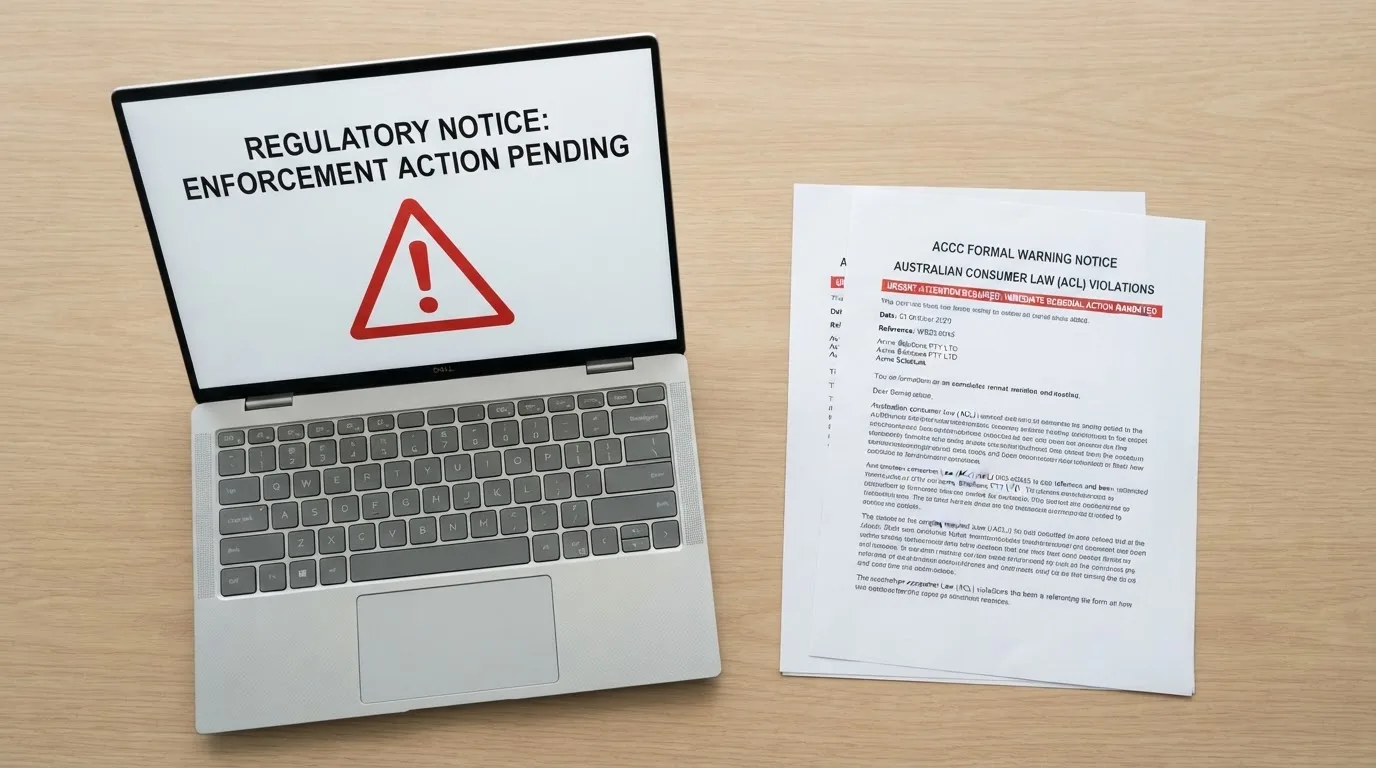 A printed government warning notice on a desk beside a laptop with a red alert icon on the screen.