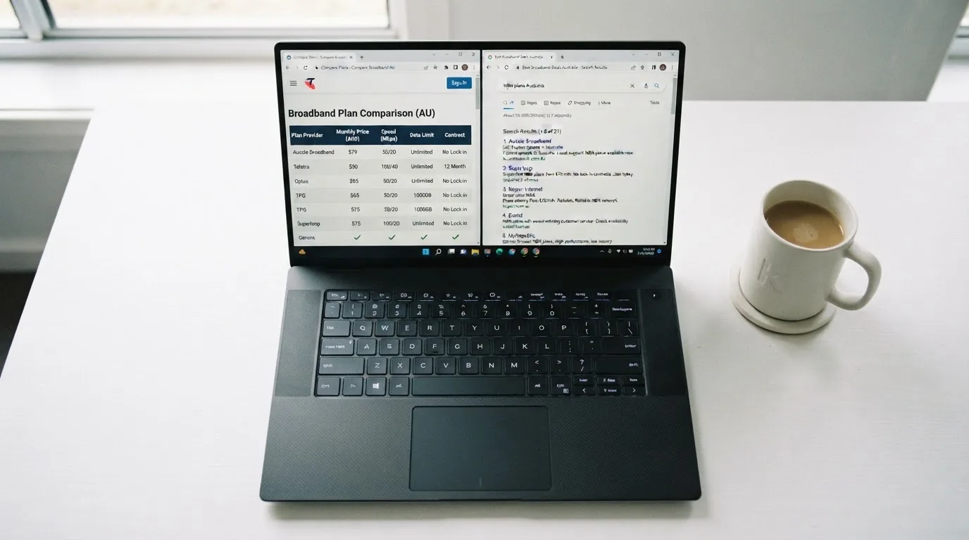 A laptop screen split between two browser tabs, one showing a comparison table and the other a search results page.