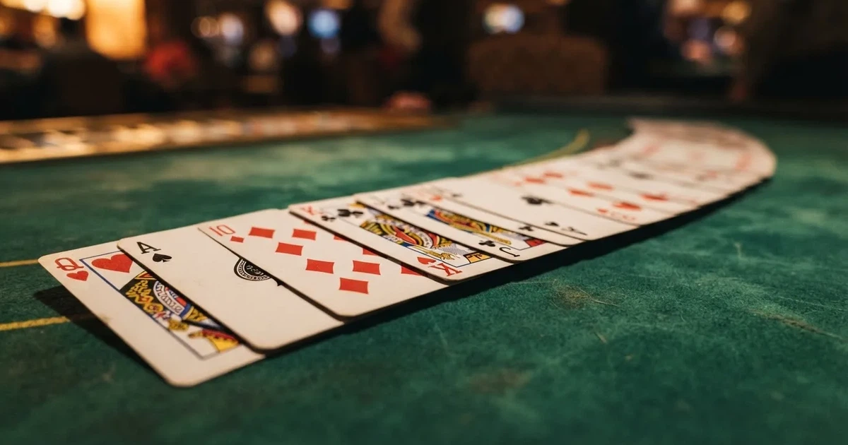 A close-up of a shuffled deck of playing cards fanned out on a green felt table.