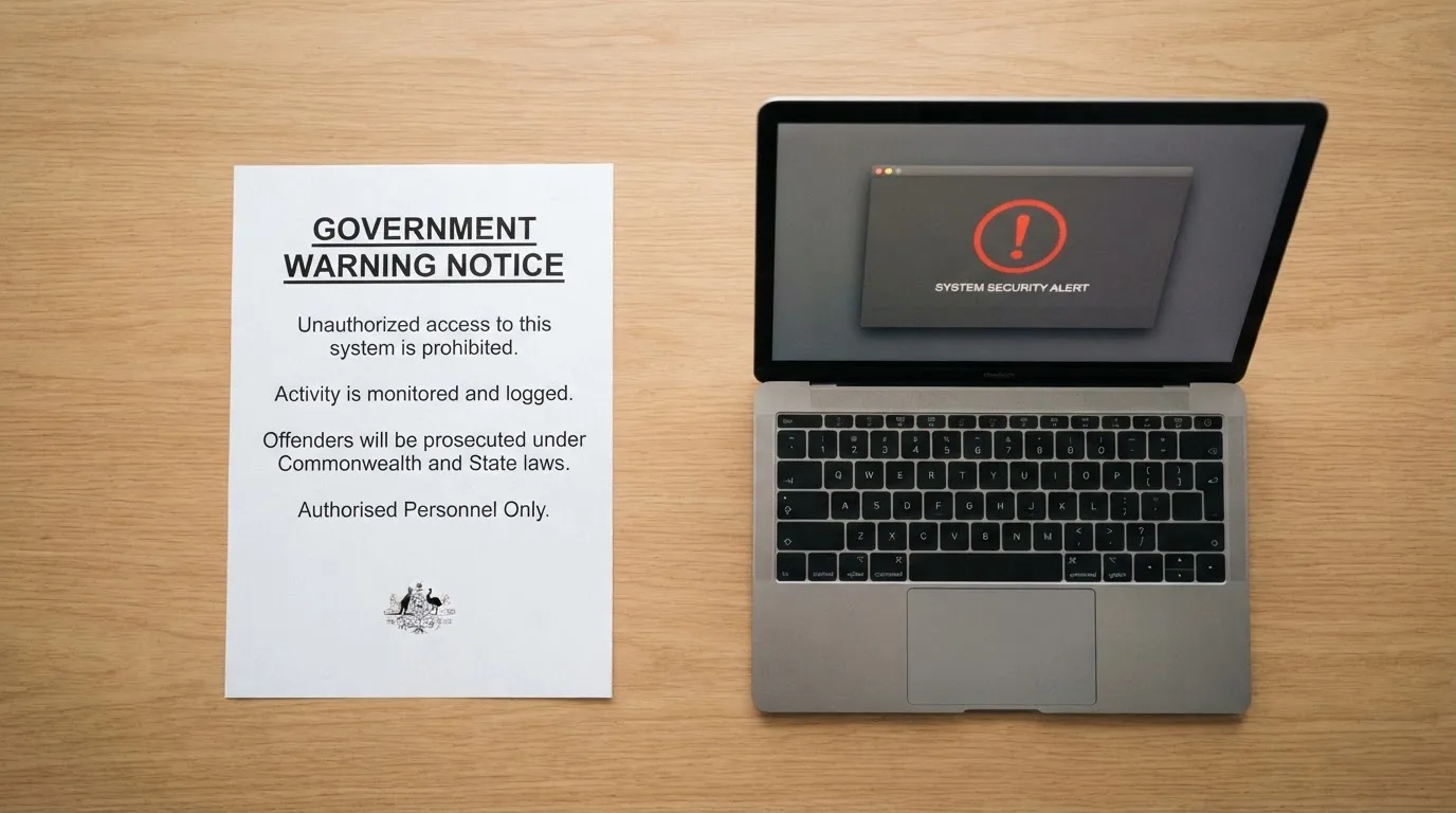 A printed government warning notice on a desk beside a laptop with a red alert icon on the screen.