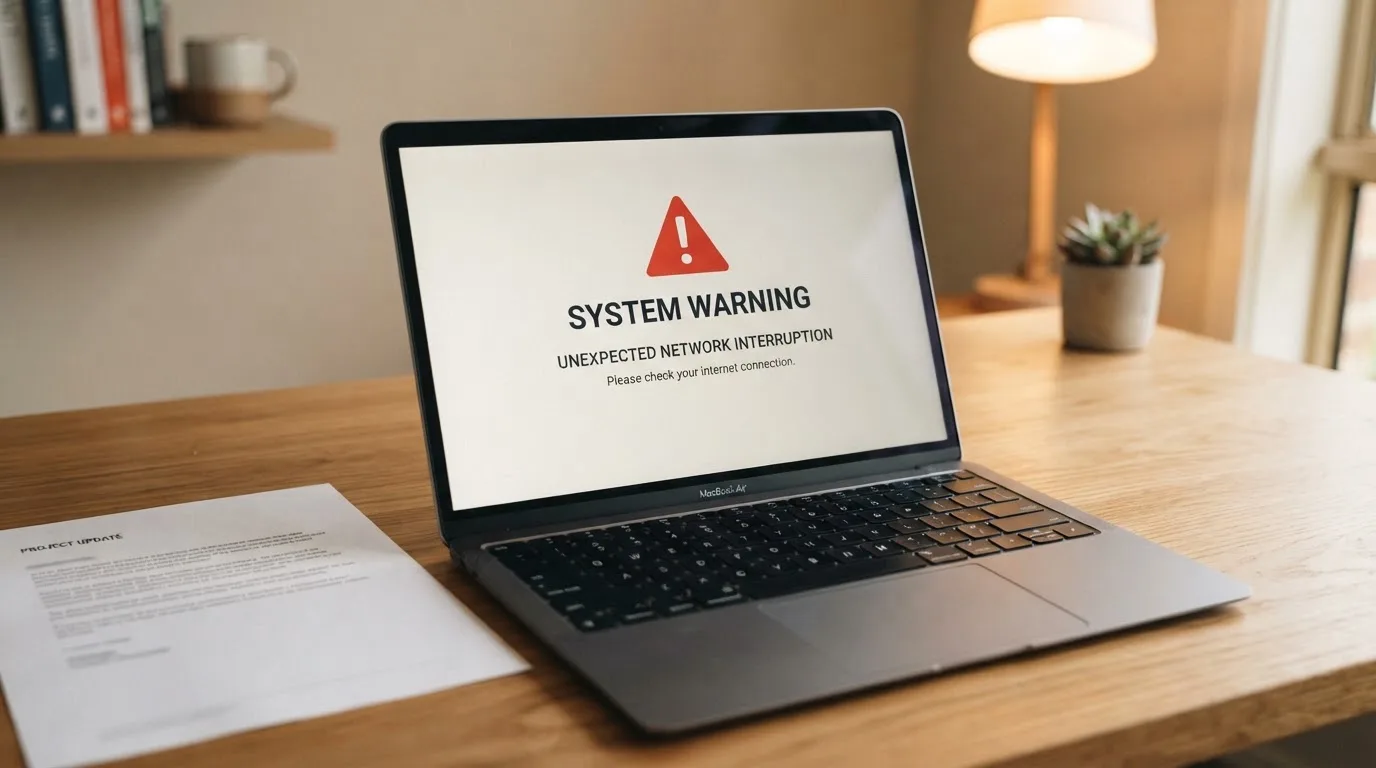 A printed government warning notice on a desk beside a laptop with a red alert icon on the screen.
