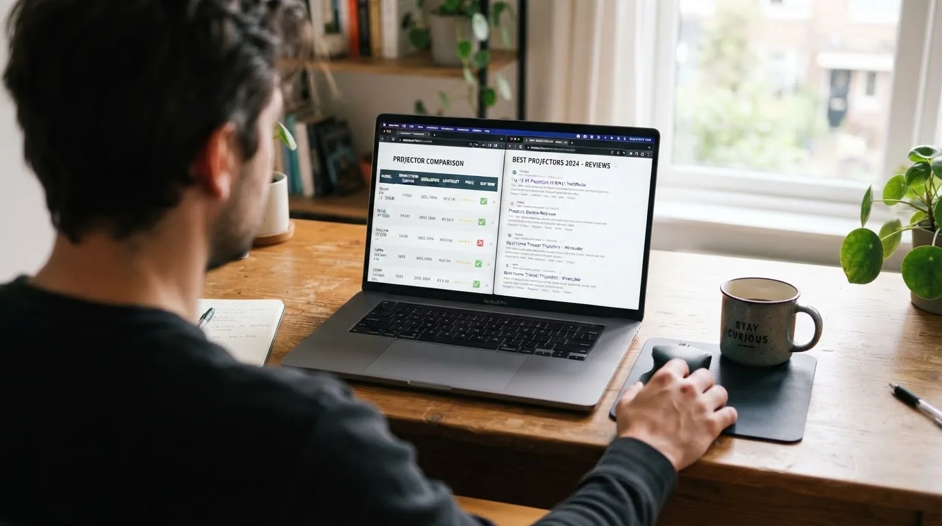 A laptop screen split between two browser tabs, one showing a comparison table and the other a search results page.