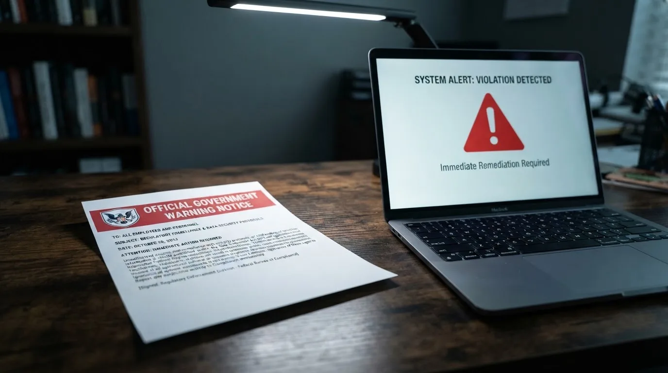 A printed government warning notice on a desk beside a laptop with a red alert icon on the screen.