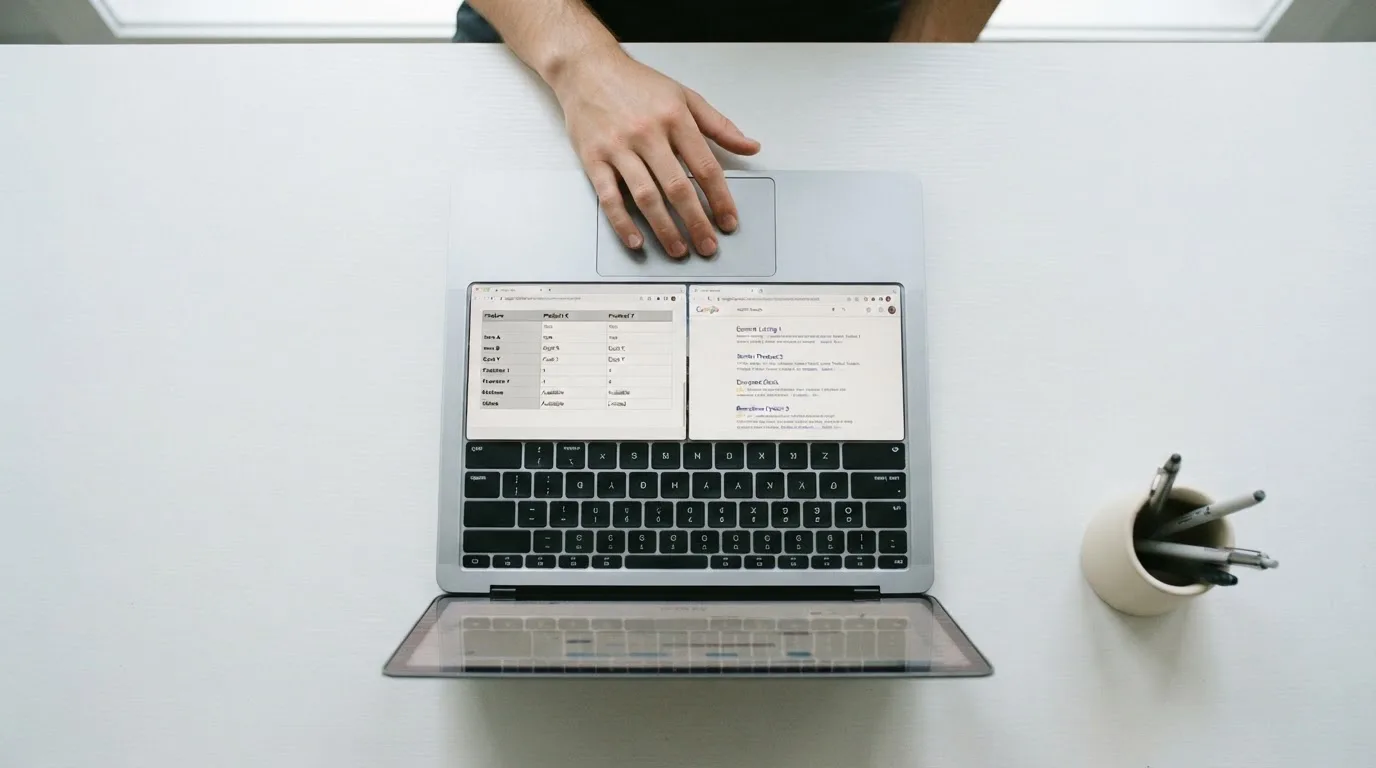 A laptop screen split between two browser tabs, one showing a comparison table and the other a search results page.