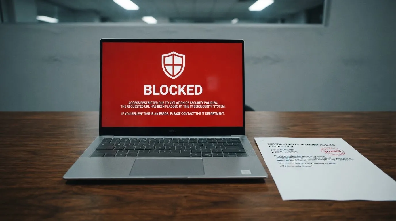 A printed government warning notice on a desk beside a laptop with a red alert icon on the screen.