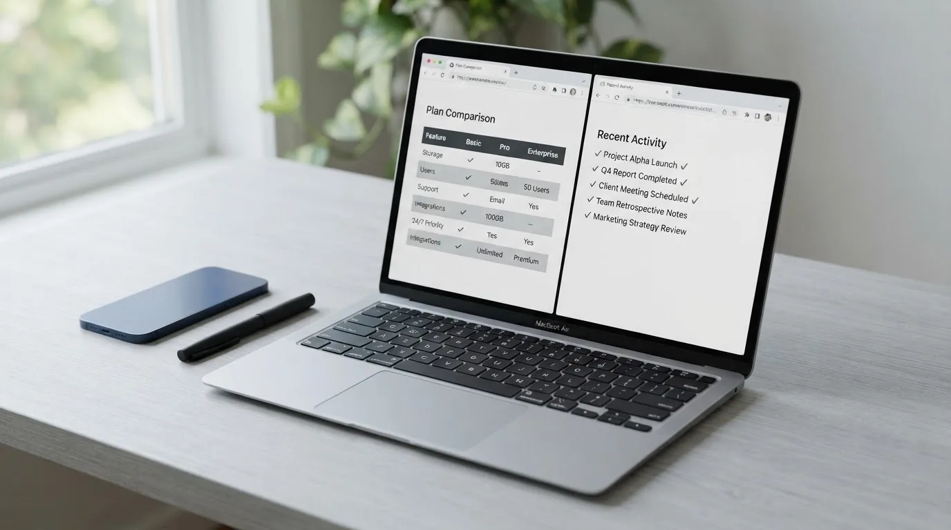 A laptop screen split between two browser tabs, one showing a comparison table and the other a search results page.