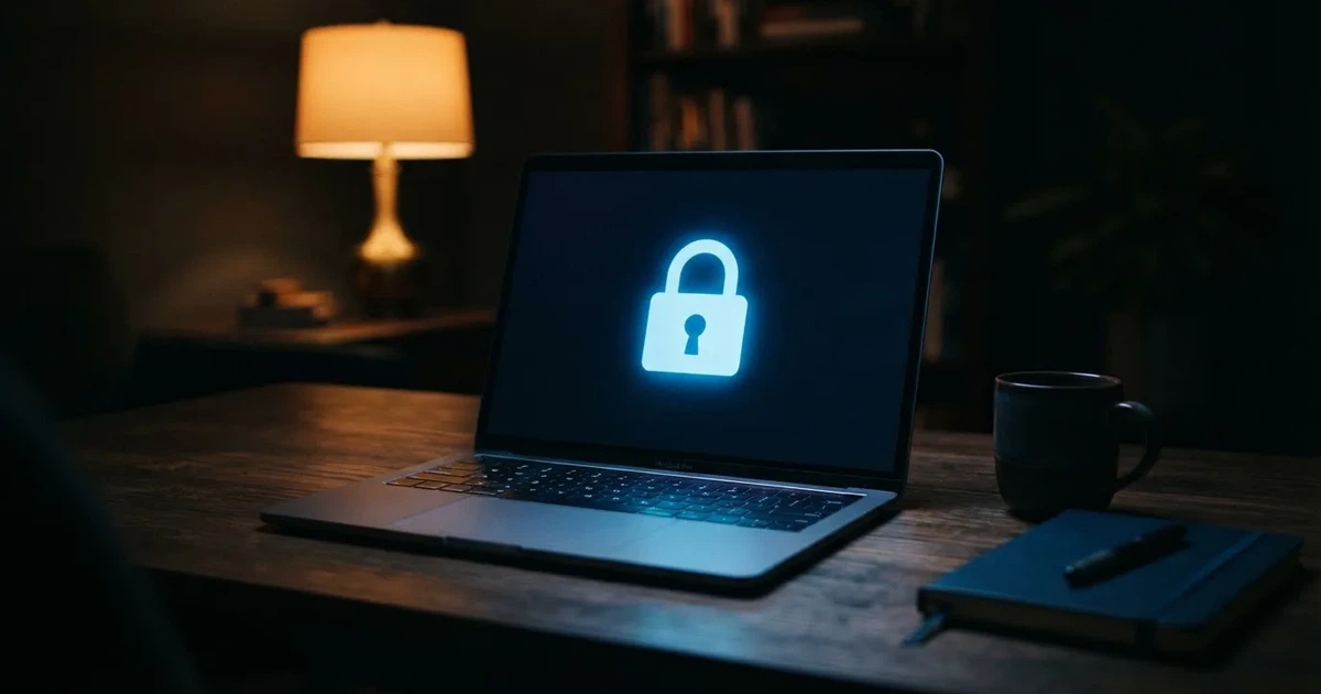 A padlock icon glowing on a laptop screen in a dim room.