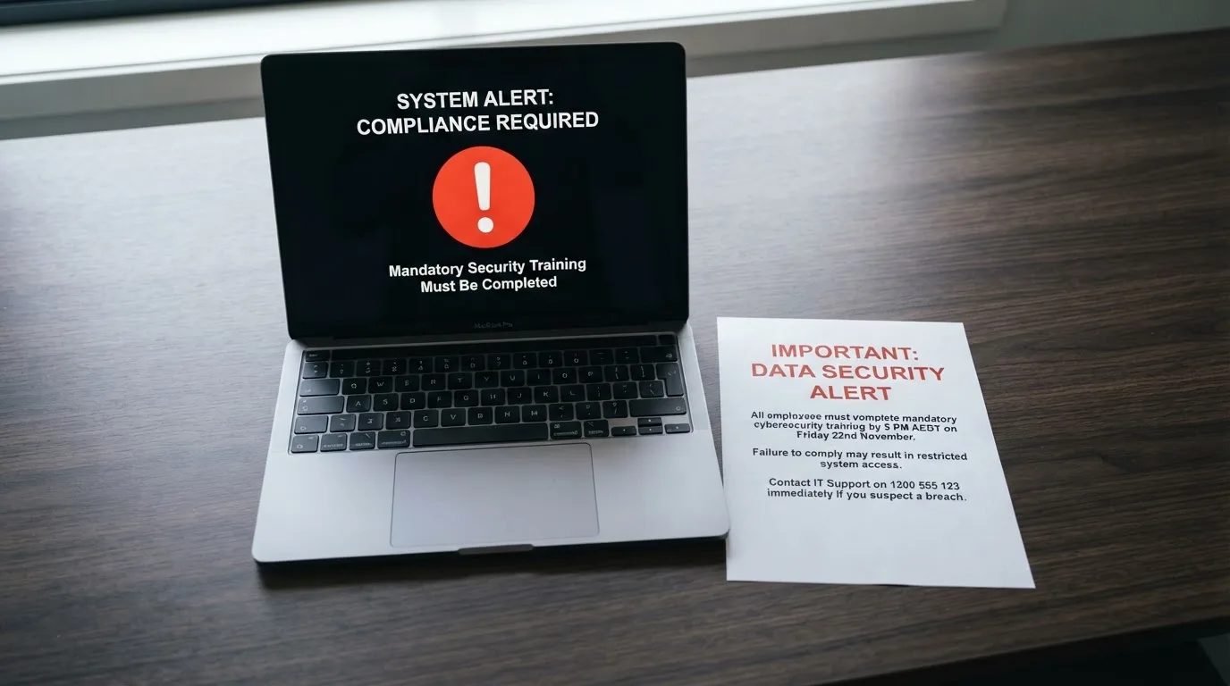 A printed government warning notice on a desk beside a laptop with a red alert icon on the screen.