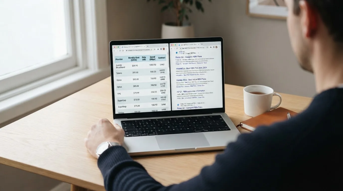 A laptop screen split between two browser tabs, one showing a comparison table and the other a search results page.