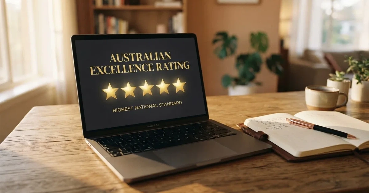 A five-star rating graphic displayed on a laptop screen next to a notepad.