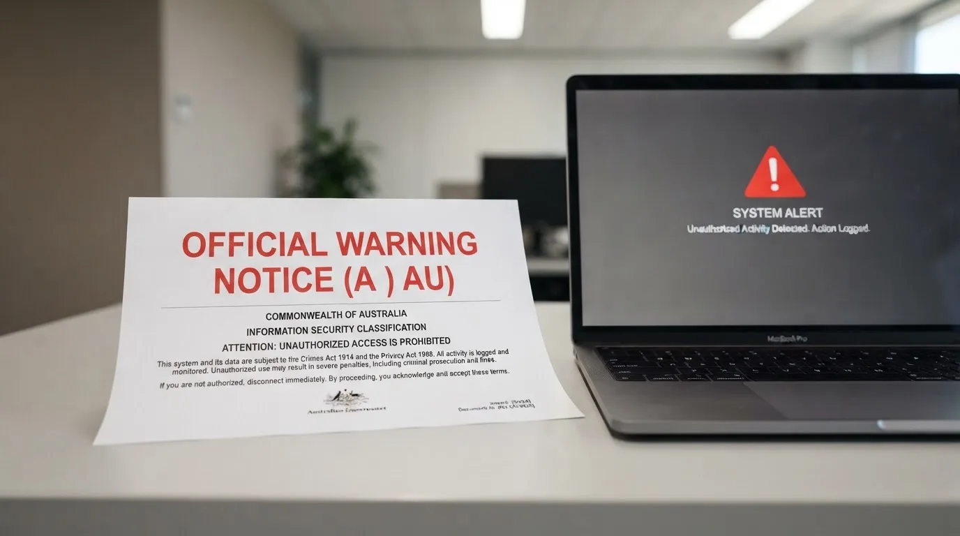 A printed government warning notice on a desk beside a laptop with a red alert icon on the screen.