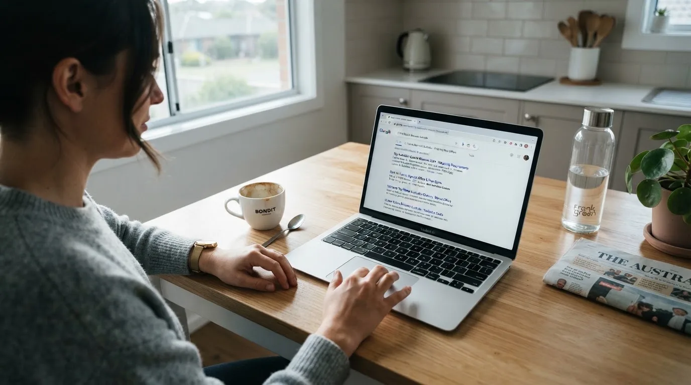 A person sits at a kitchen table, scrolling a laptop showing a general search results page about casino bonus offers.
