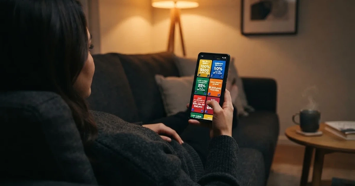 A phone screen shows a list of promotional bonus tiles as someone scrolls with one thumb on a couch in the evening.