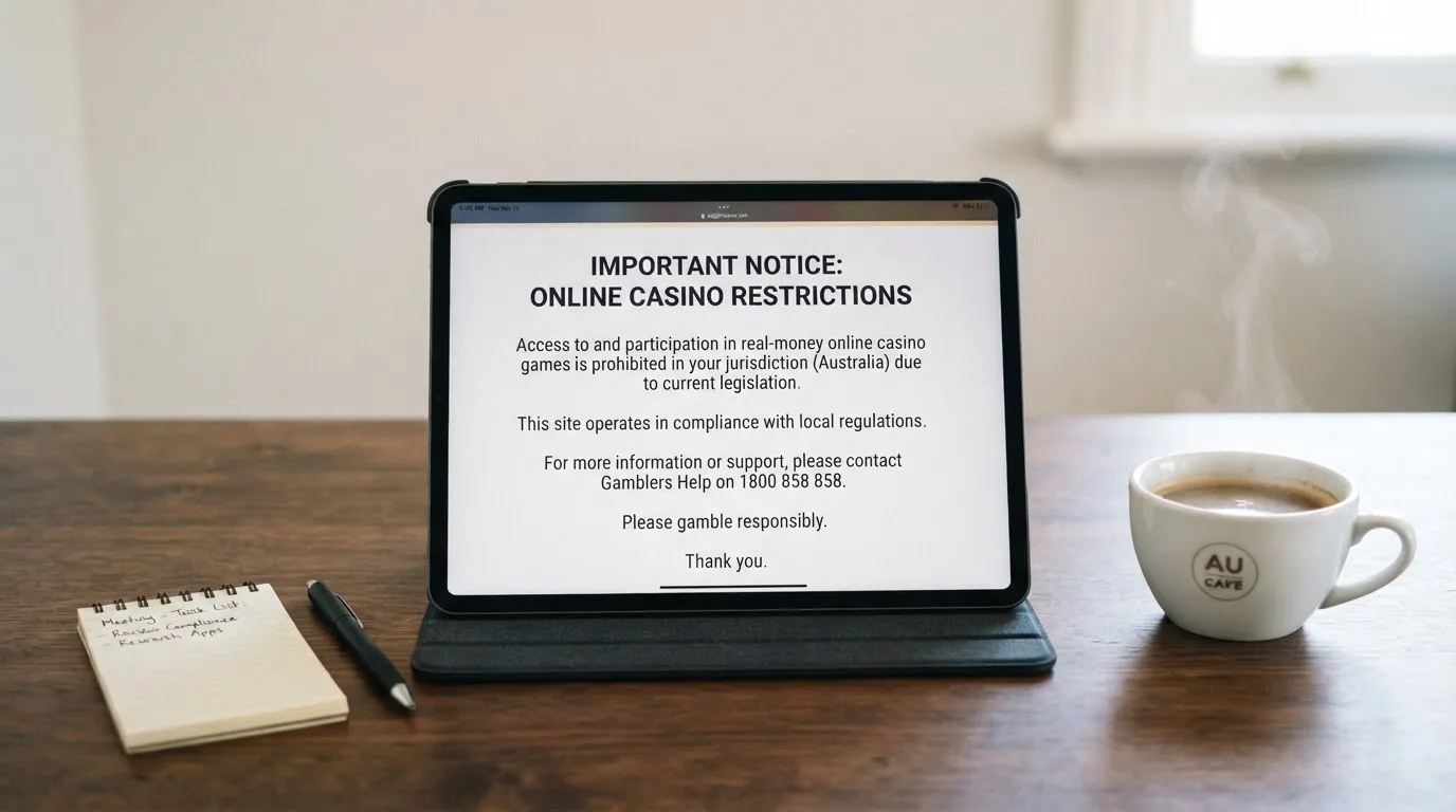 A tablet on a desk displays a plain government-style warning notice page, with a coffee cup beside it.