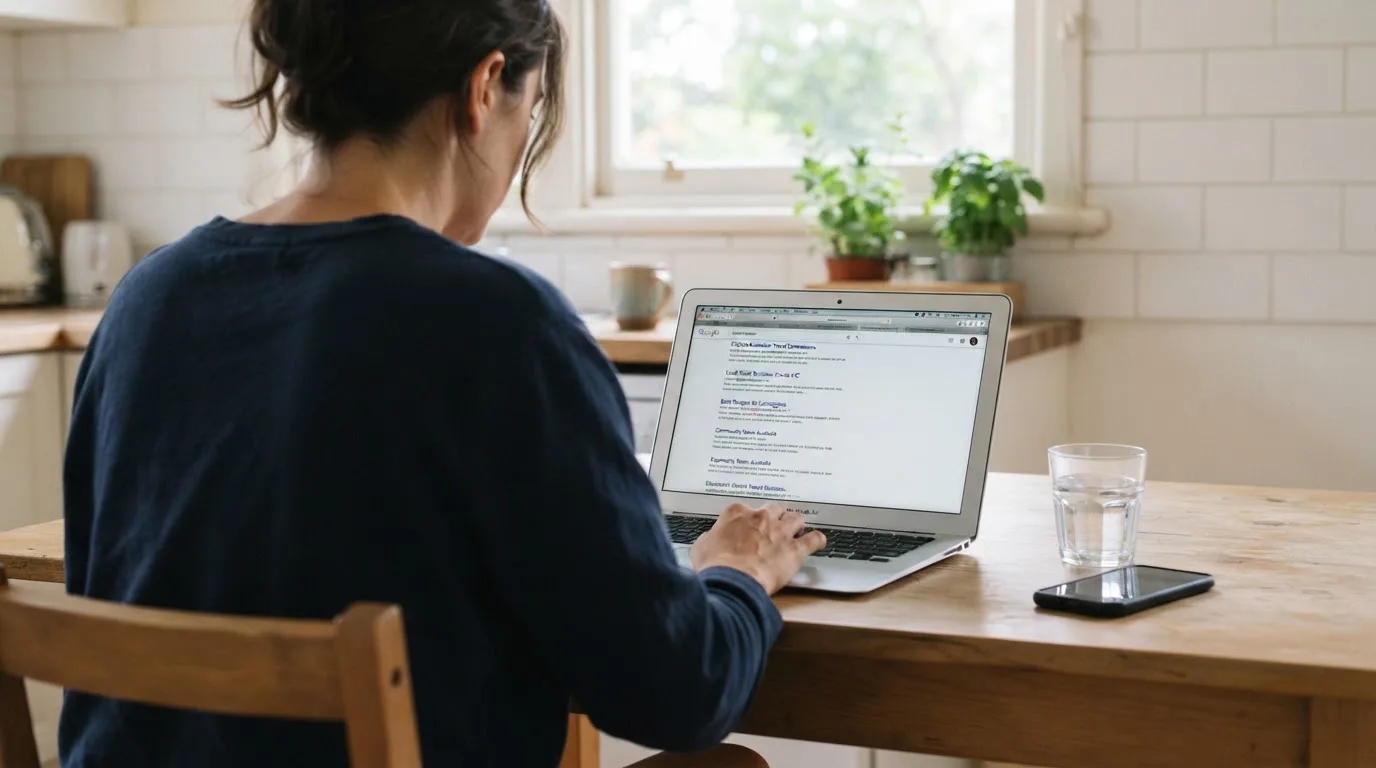 A person sits at a kitchen table, scrolling a laptop showing a general search results page about new casino sites.