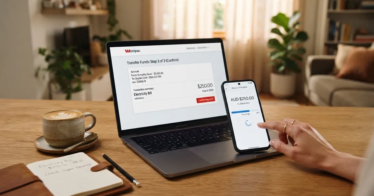 Close-up of a smartphone banking app open beside a laptop on a home desk, mid-transfer.