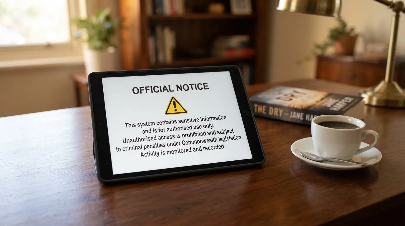 A tablet on a desk displays a plain government-style warning notice page, with a coffee cup beside it.