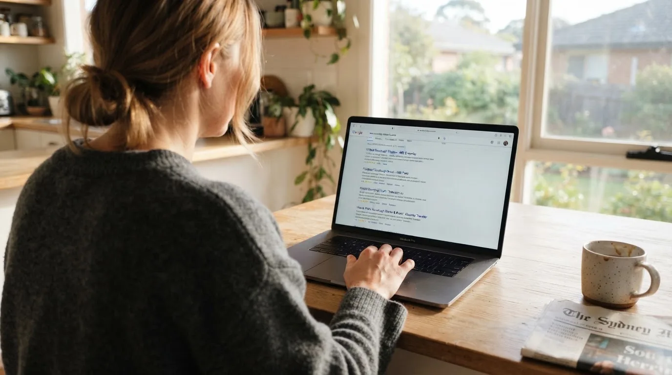 A person sits at a kitchen table, scrolling a laptop showing a general search results page about new casino sites.