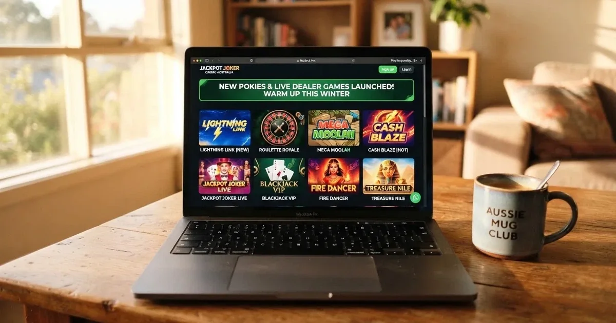 A laptop screen shows a freshly loading website homepage with a 'new' banner, on a plain desk.