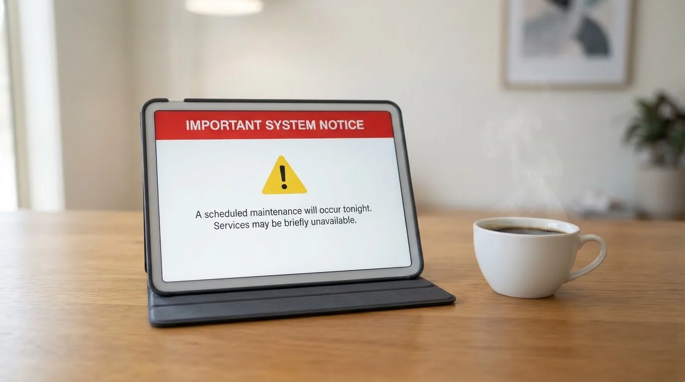 A tablet on a desk displays a plain government-style warning notice page, with a coffee cup beside it.
