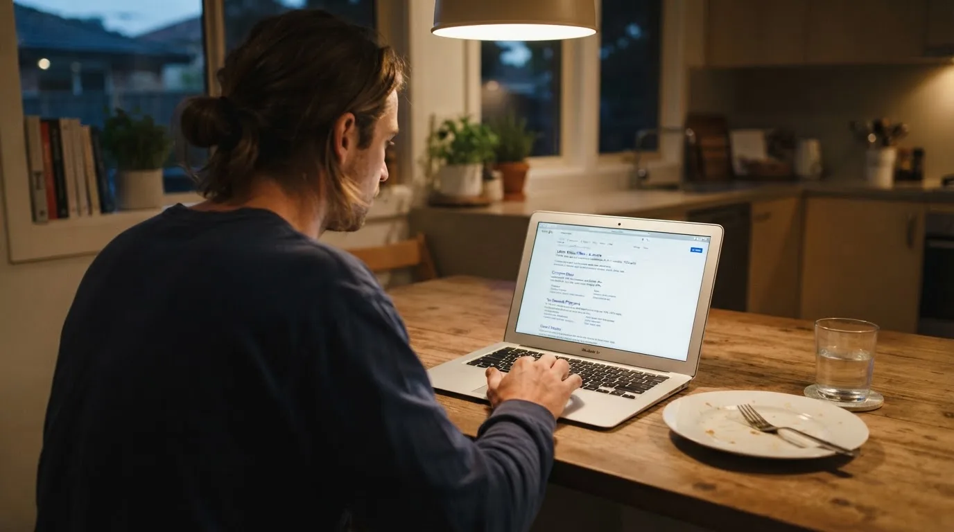 A person sits at a kitchen table in the evening, scrolling a laptop showing a general search results page about bonus offers.