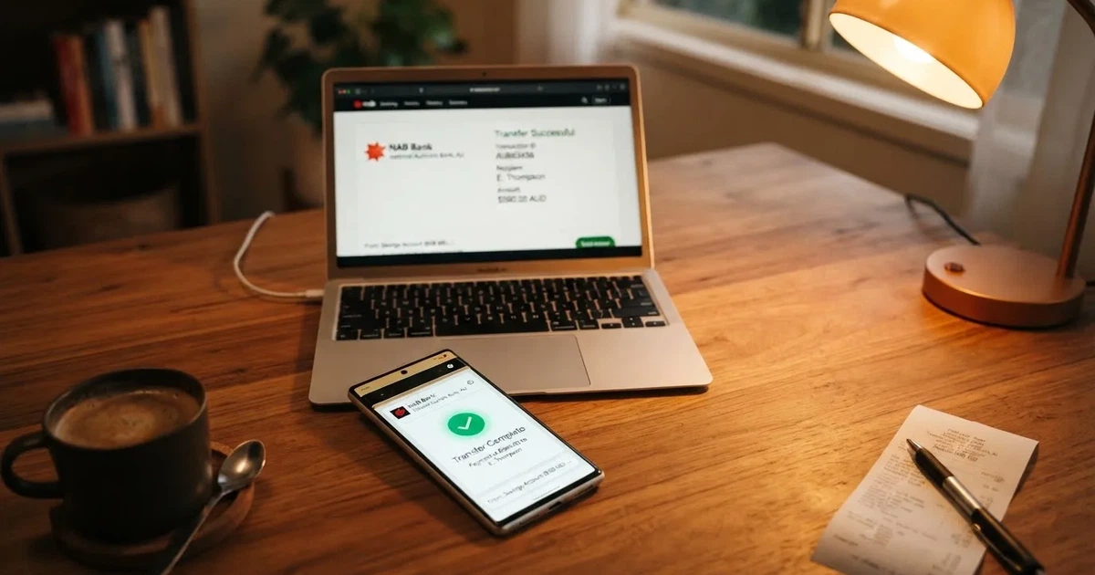 Close-up of a smartphone banking app open beside a laptop on a home desk, mid-transfer.