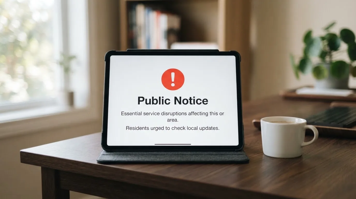 A tablet on a desk displays a plain government-style warning notice page, with a coffee cup beside it.
