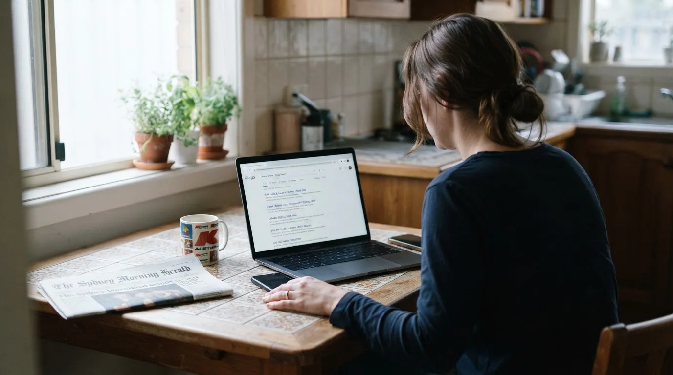 A person sits at a kitchen table, scrolling a laptop showing a general search results page about withdrawal claims.