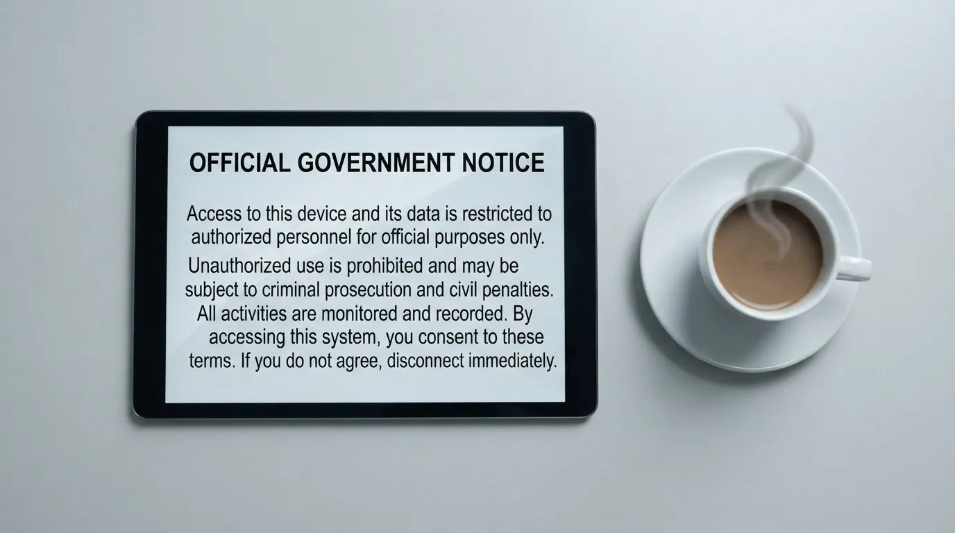 A tablet on a desk displays a plain government-style warning notice page, with a coffee cup beside it.