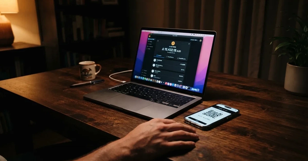 A laptop screen shows a cryptocurrency wallet balance next to a phone displaying a QR code, on a desk at night.