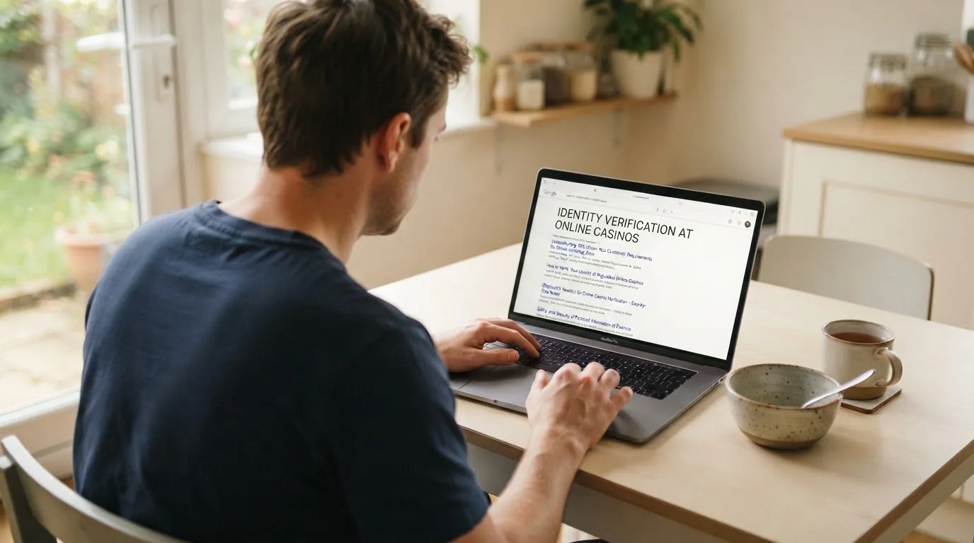 A person sits at a kitchen table, scrolling a laptop showing a general search results page about identity checks at casinos.