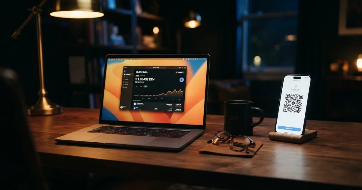 A laptop screen shows a cryptocurrency wallet balance next to a phone displaying a QR code, on a desk at night.