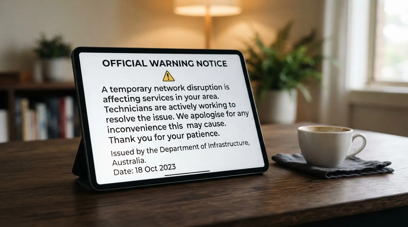 A tablet on a desk displays a plain government-style warning notice page, with a coffee cup beside it.