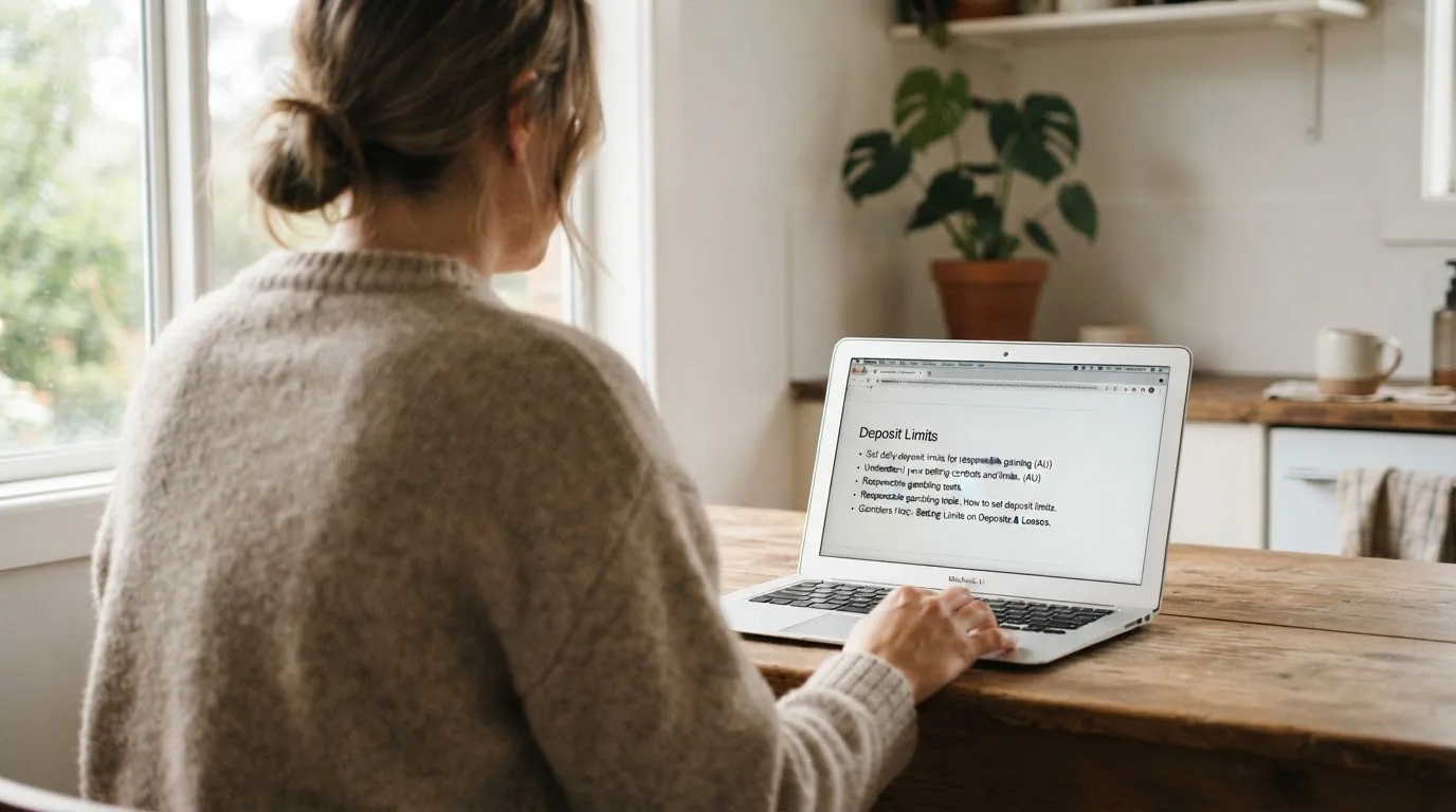 A person sits at a kitchen table, scrolling a laptop showing a general search results page about deposit limits.