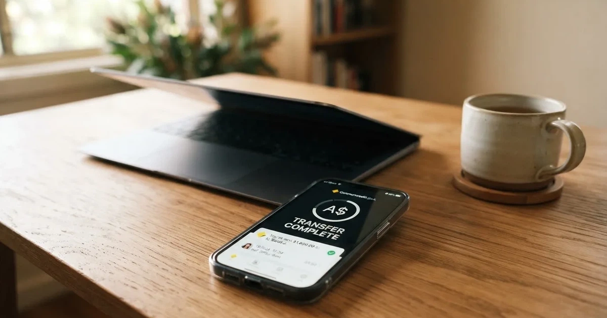 Close-up of a smartphone banking app open beside a laptop on a home desk, mid-transfer.