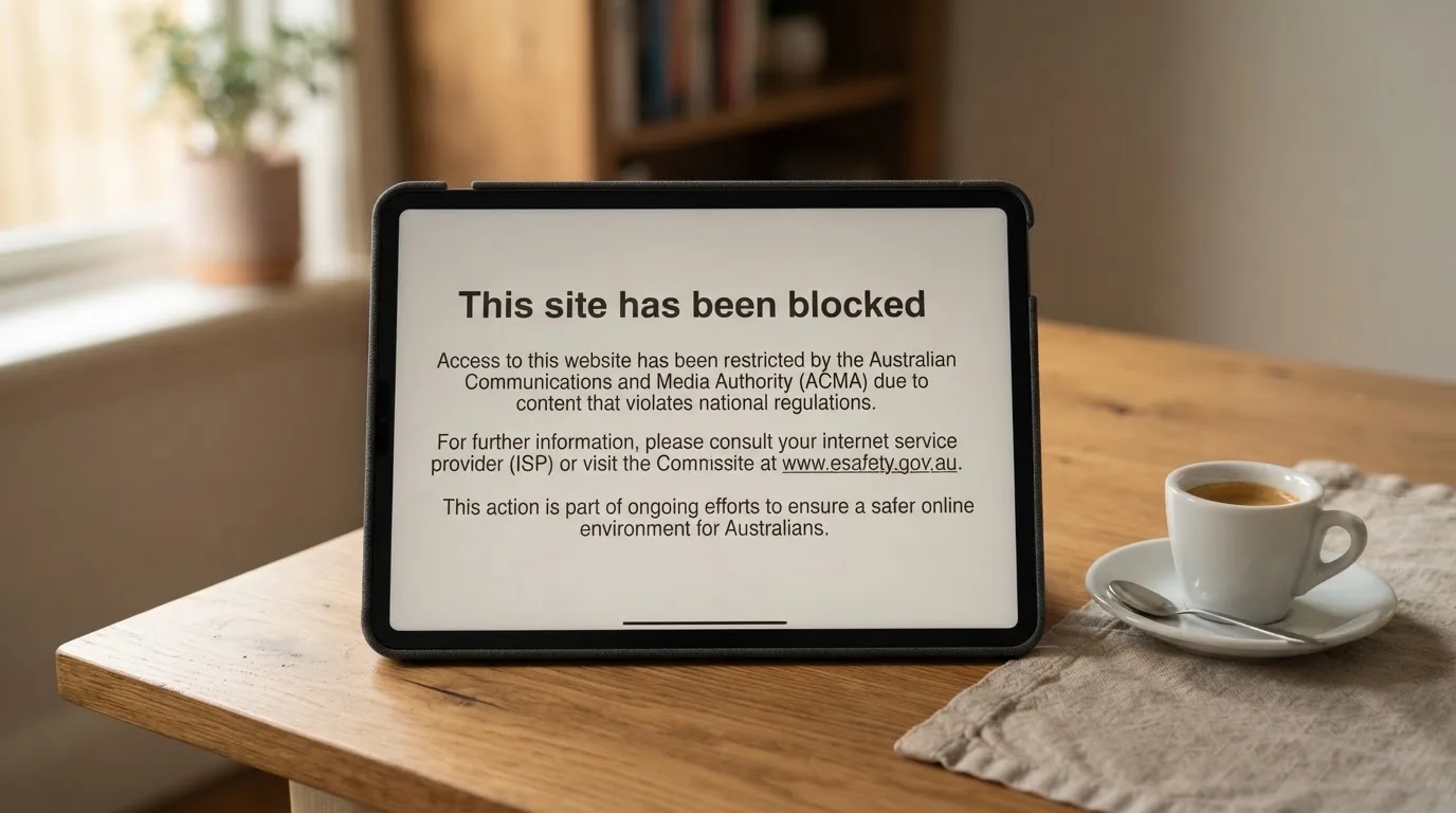 A tablet on a desk displays a plain government-style warning notice page, with a coffee cup beside it.