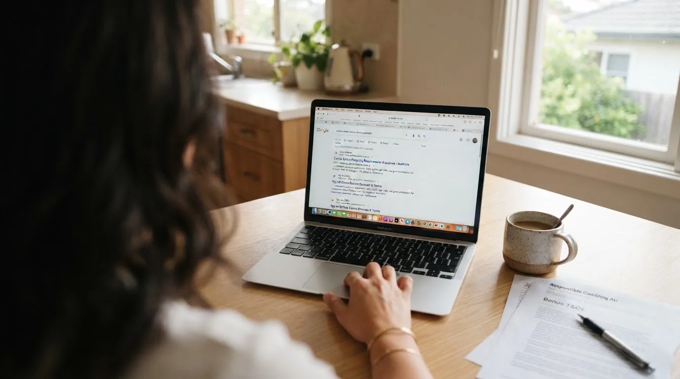 A person sits at a kitchen table, scrolling a laptop showing a general search results page about bonus terms.