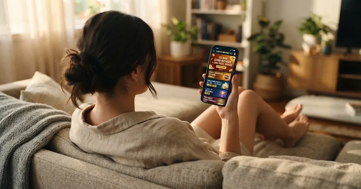 A phone screen shows a list of promotional bonus tiles as someone scrolls with one thumb on a couch.