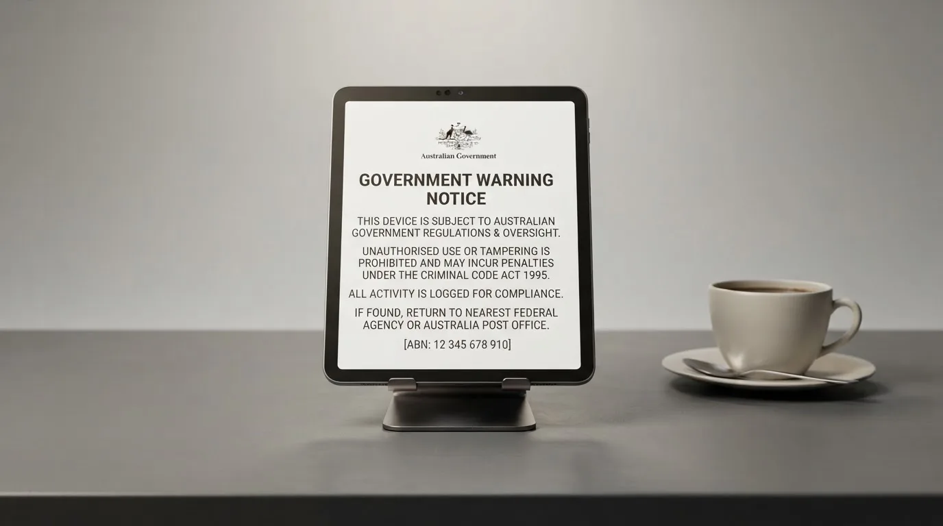 A tablet on a desk displays a plain government-style warning notice page, with a coffee cup beside it.