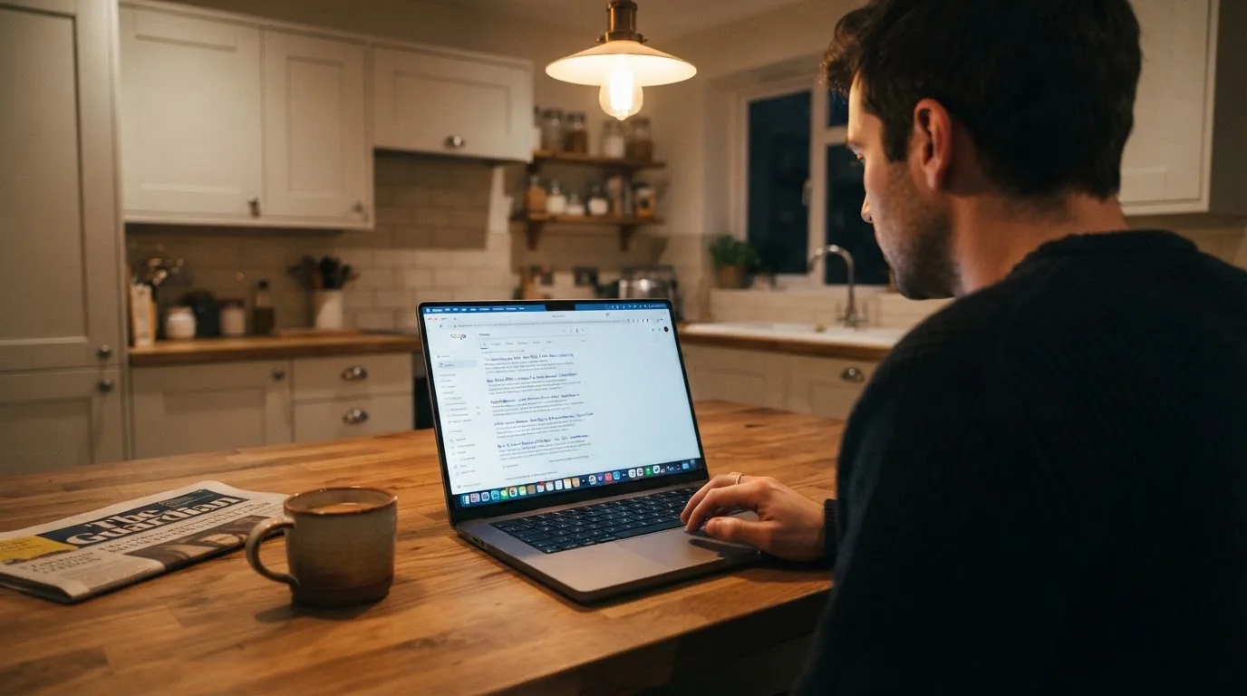 A person sits at a kitchen table in the evening, scrolling a laptop showing a general search results page about bonus offers.
