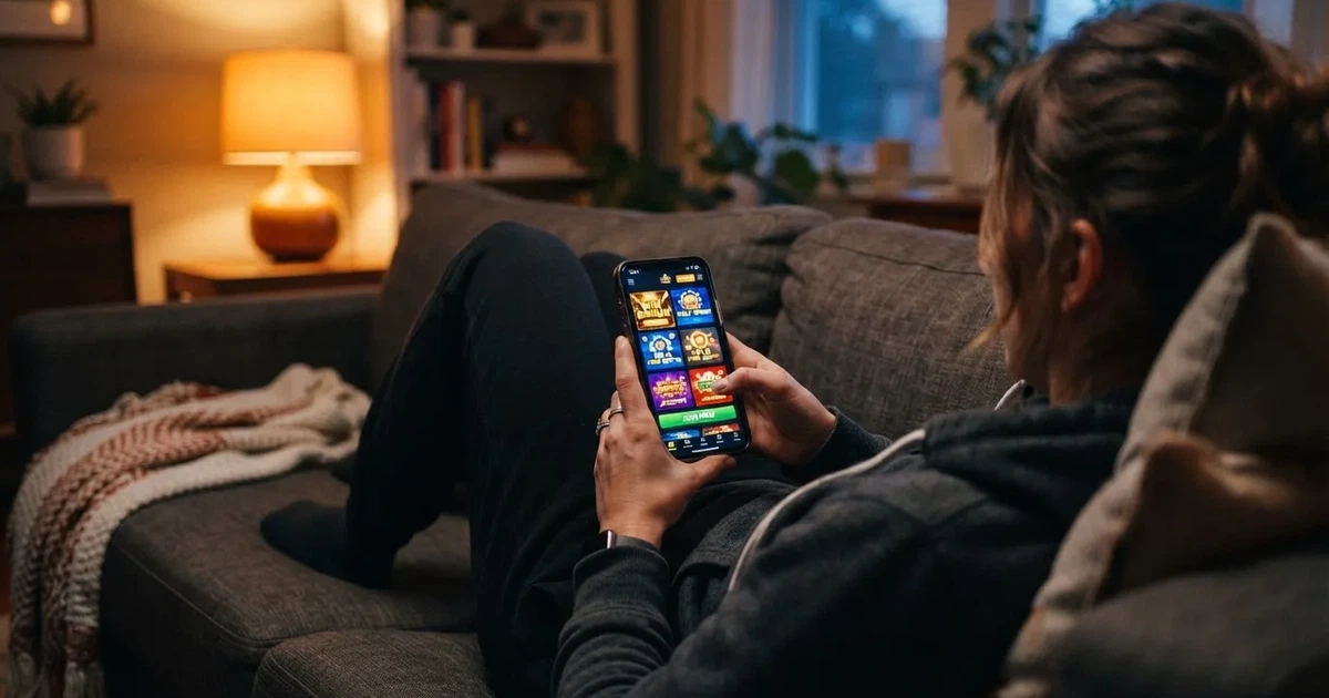 A phone screen shows a list of promotional bonus tiles as someone scrolls with one thumb on a couch.
