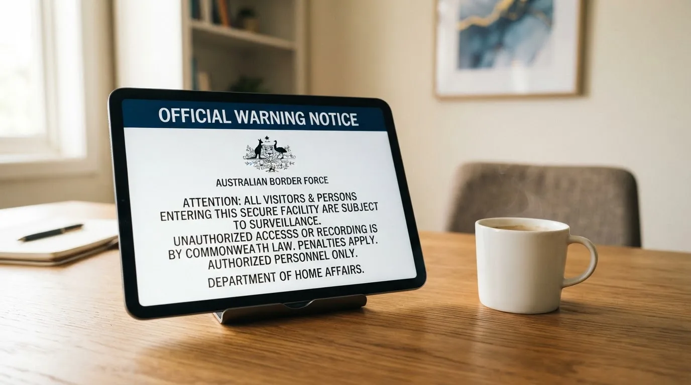 A tablet on a desk displays a plain government-style warning notice page, with a coffee cup beside it.