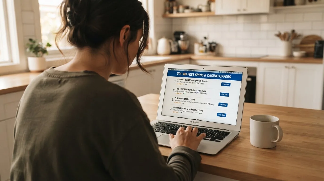A person sits at a kitchen table, scrolling a laptop showing a general search results page about free spins offers.