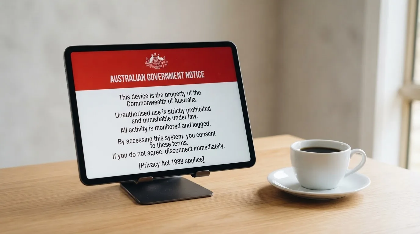 A tablet on a desk displays a plain government-style warning notice page, with a coffee cup beside it.