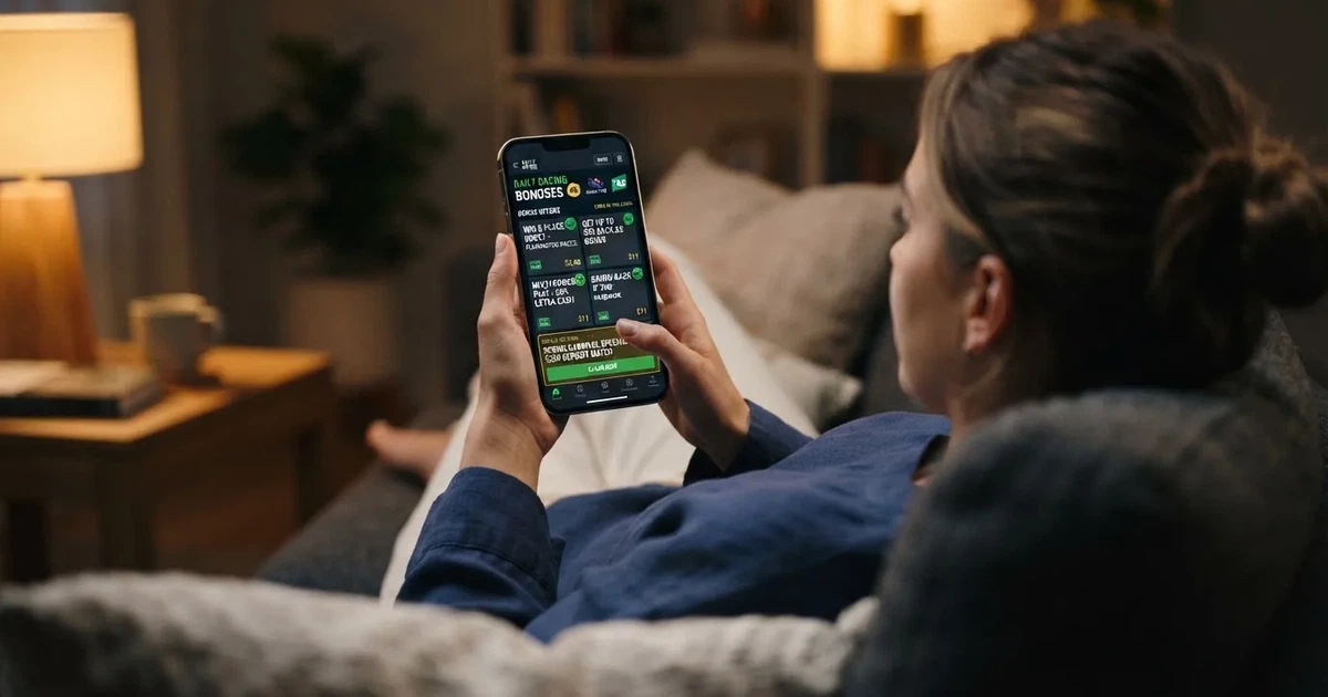 A phone screen shows a list of promotional bonus tiles as someone scrolls with one thumb on a couch.