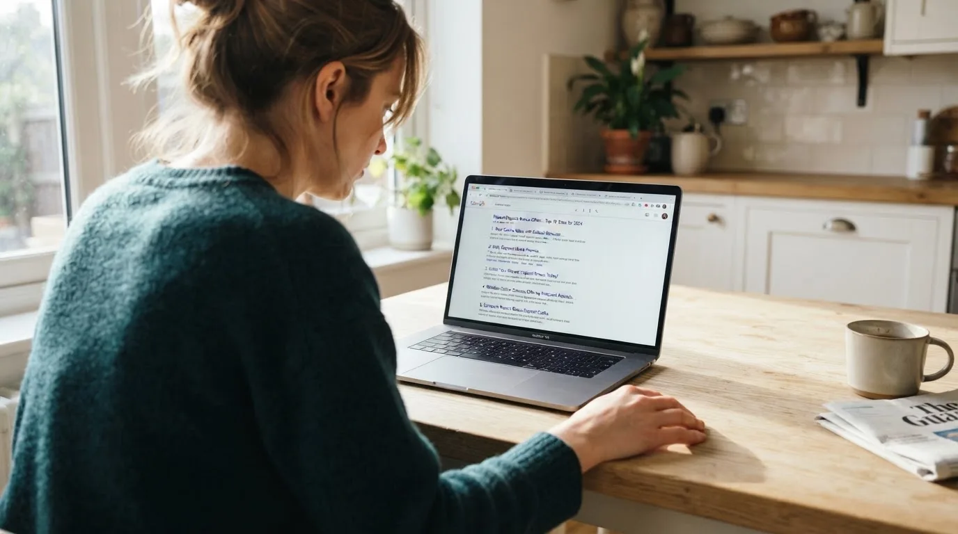 A person sits at a kitchen table, scrolling a laptop showing a general search results page about repeat-deposit offers.