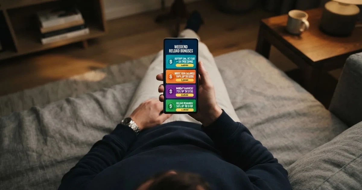 A phone screen shows a list of promotional bonus tiles as someone scrolls with one thumb on a couch.
