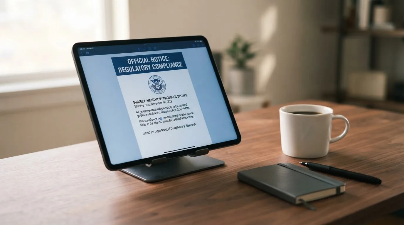 A tablet on a desk displays a plain government-style warning notice page, with a coffee cup beside it.