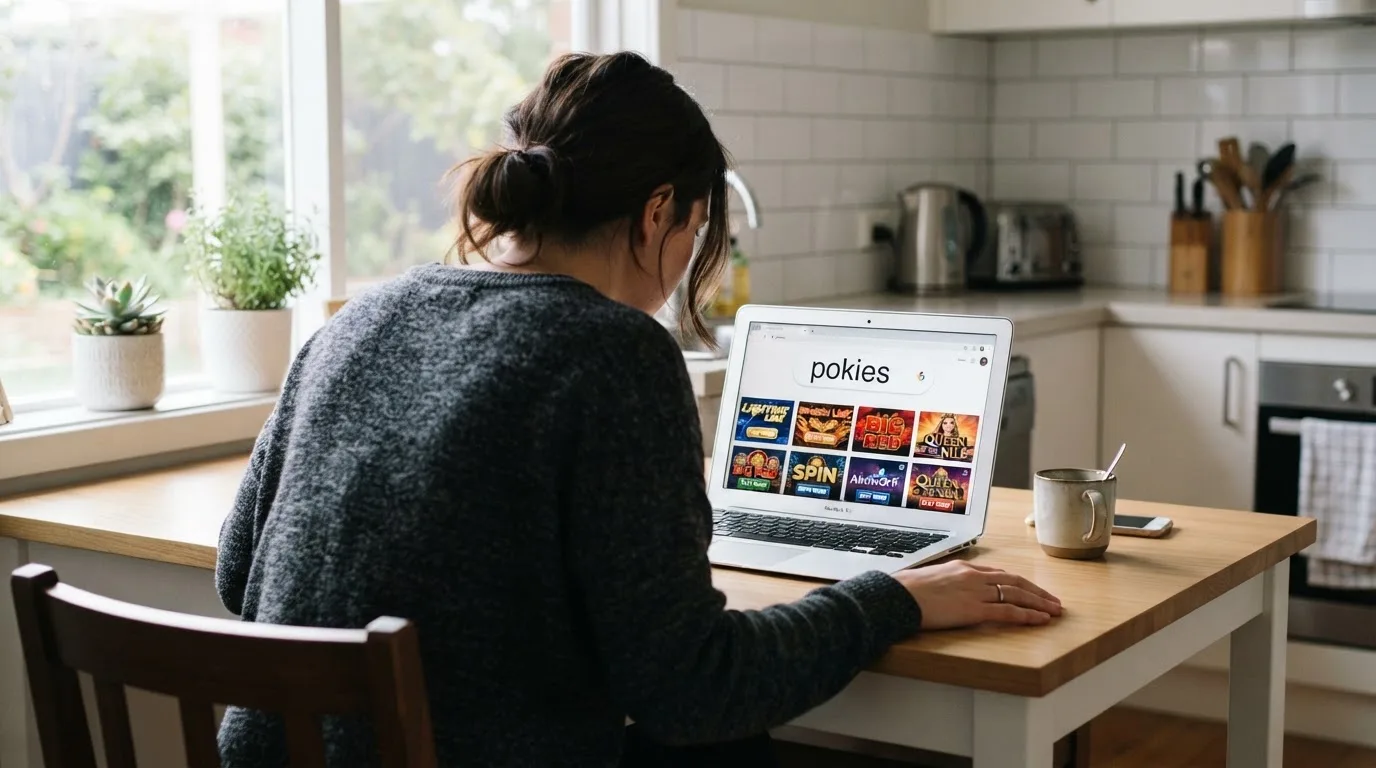 A person sits at a kitchen table, scrolling a laptop showing a general search results page about pokies offers.