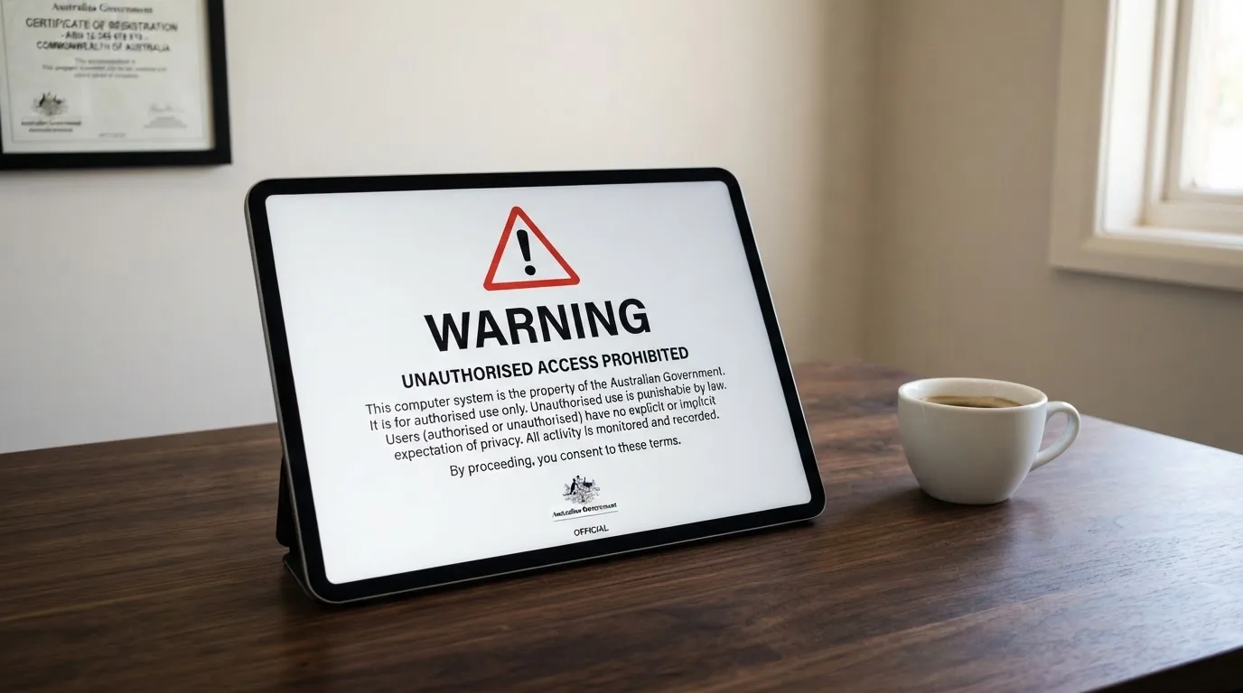 A tablet on a desk displays a plain government-style warning notice page, with a coffee cup beside it.